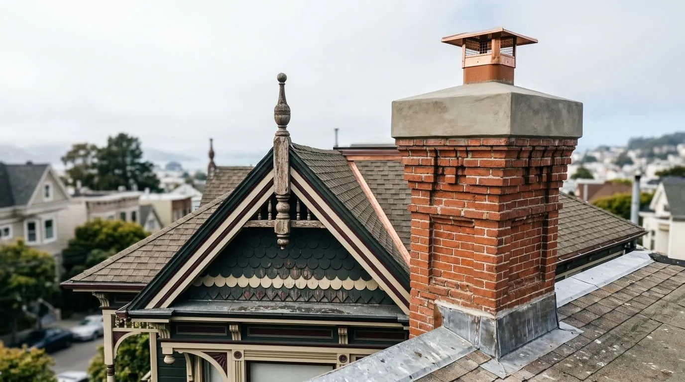 A restored chimney crown on a Victorian-era Queen Anne house on Alameda island’s Gold Coast