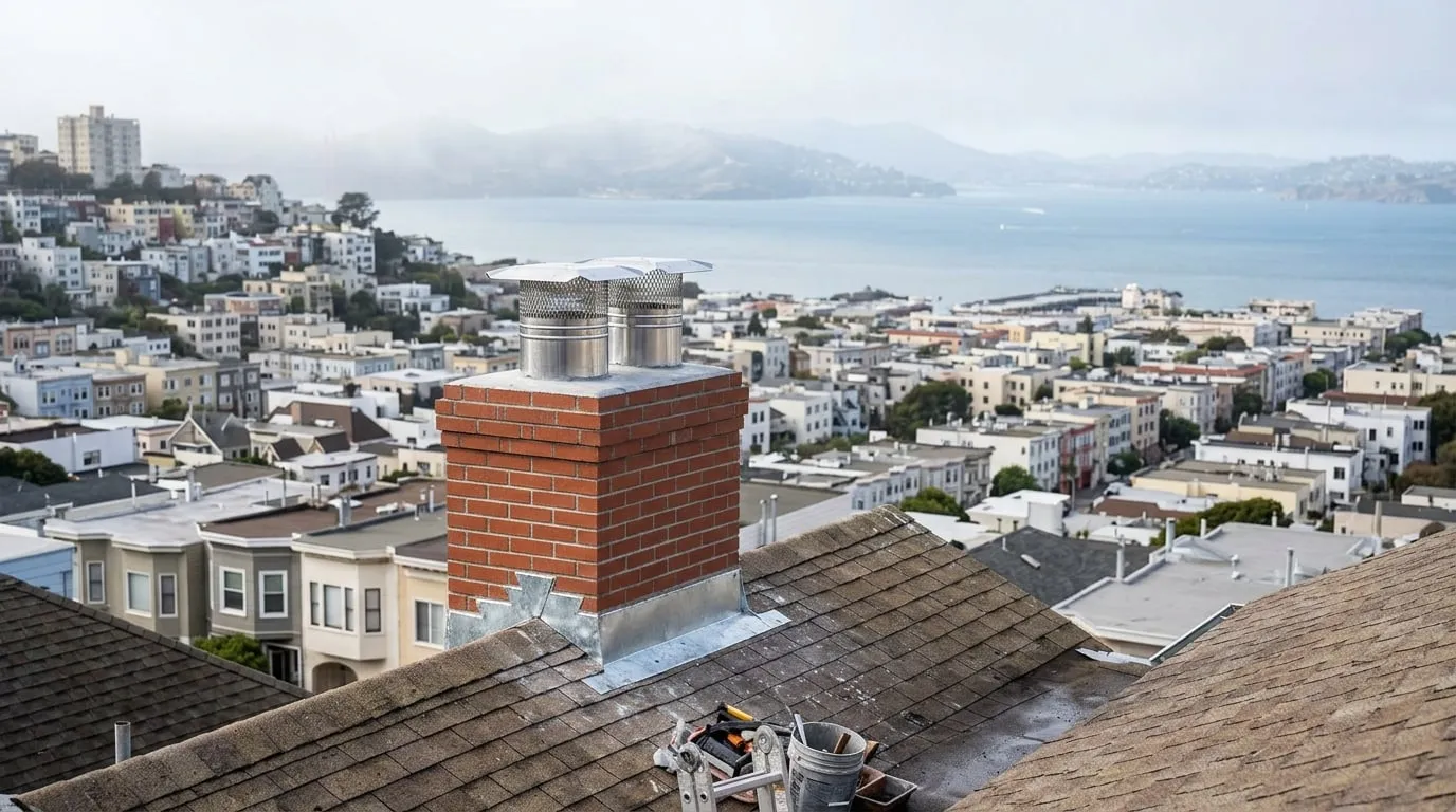 New chimney caps on a fog-shrouded San Francisco rooftop with the bay and the East Bay hills visible in the distance