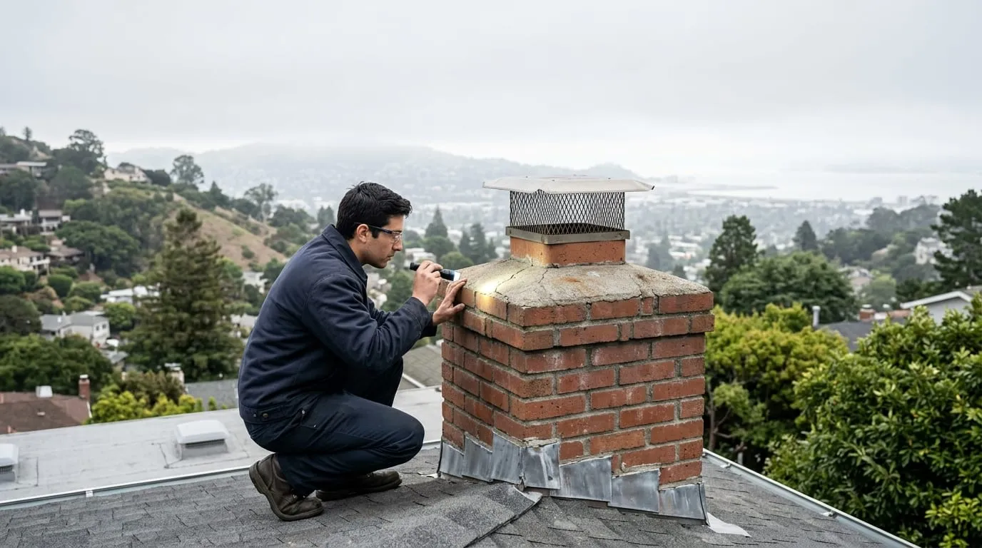 A technician inspecting a chimney crown on a hillside home in El Cerrito with the Berkeley hills visible behind