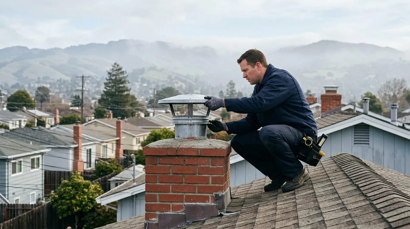 A technician inspecting a factory-built chimney cap on a postwar tract home roof in Hayward, hills visible behind