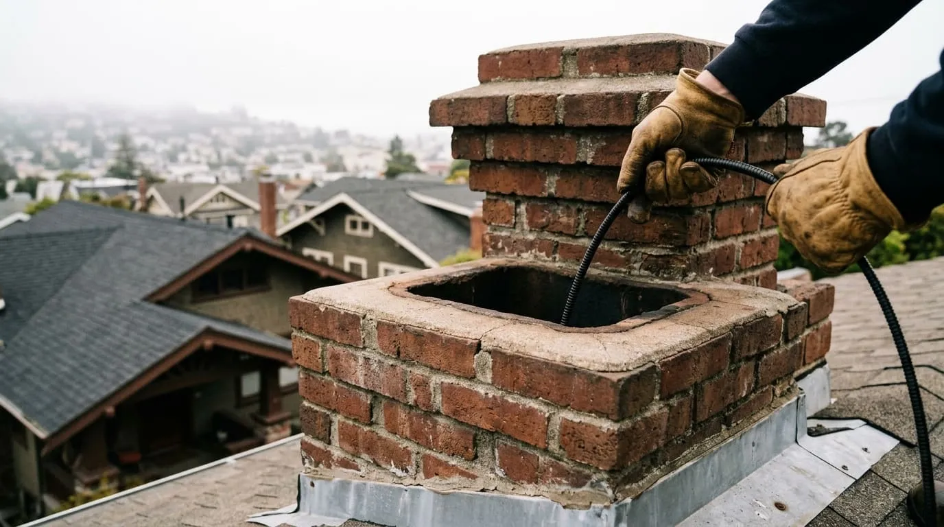 An inspection camera being fed into a brick chimney flue in a Craftsman-era Oakland home near Rockridge