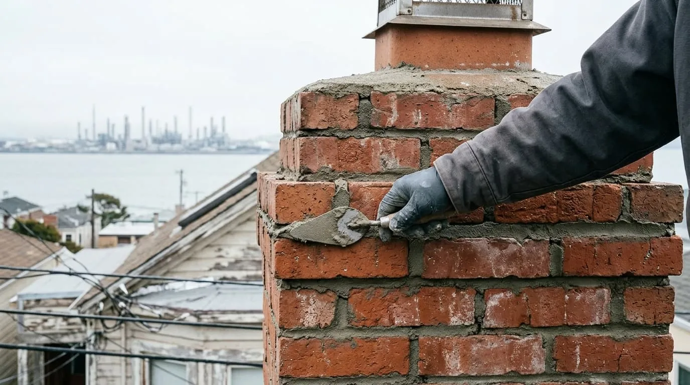 A chimney stack being repointed on an early-1900s house in Richmond’s Point Richmond neighborhood, refinery skyline visible in the distance