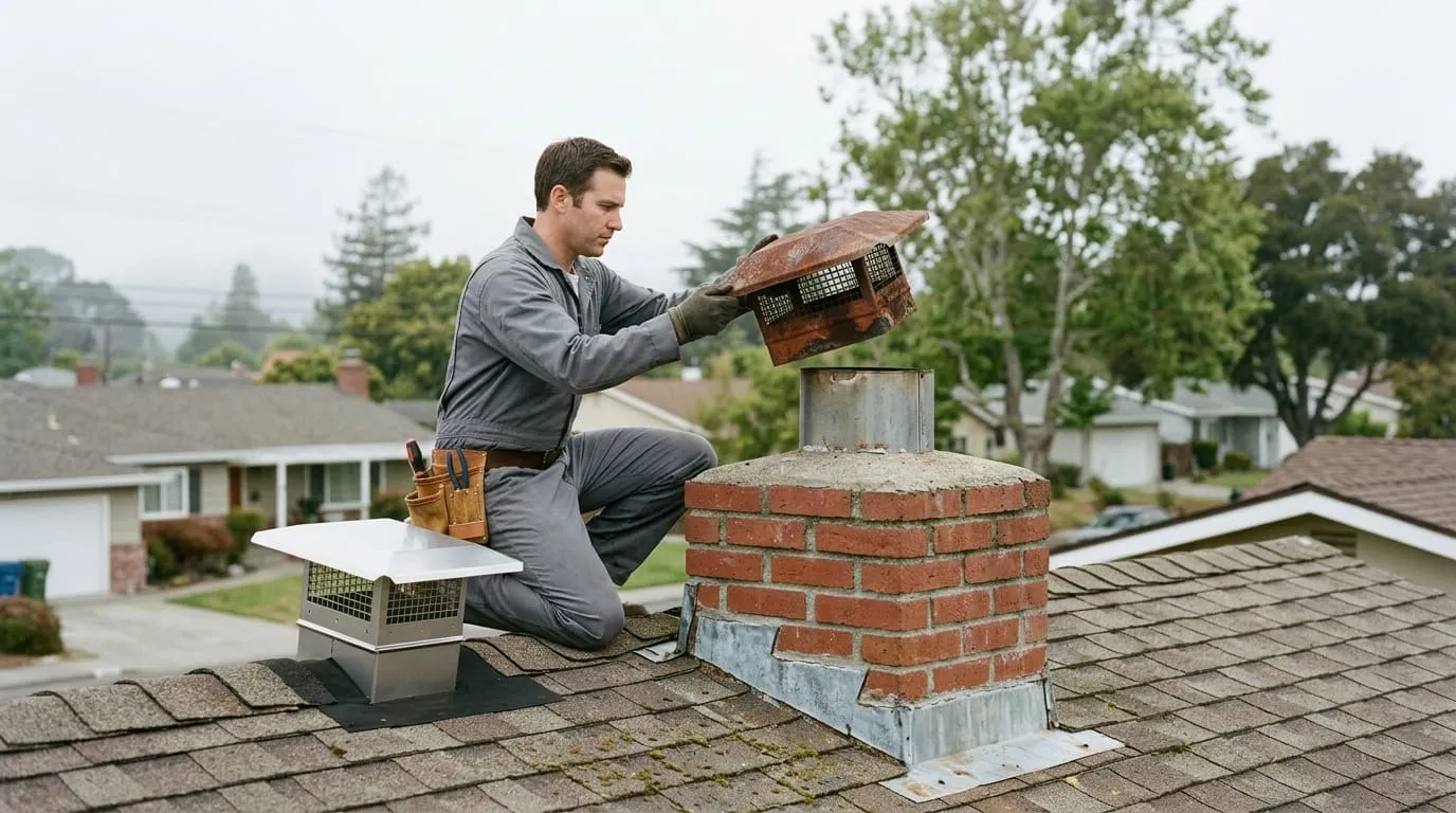 A technician replacing a corroded factory-built chimney cap on a postwar tract home roof in San Mateo’s Hillsdale district
