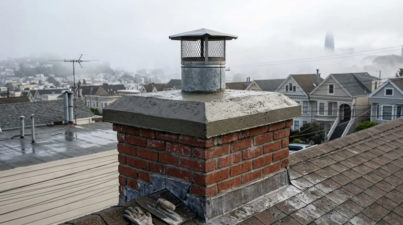 A freshly poured concrete chimney crown with a sloped surface and a drip edge, seen from a San Francisco rooftop with fog in the background