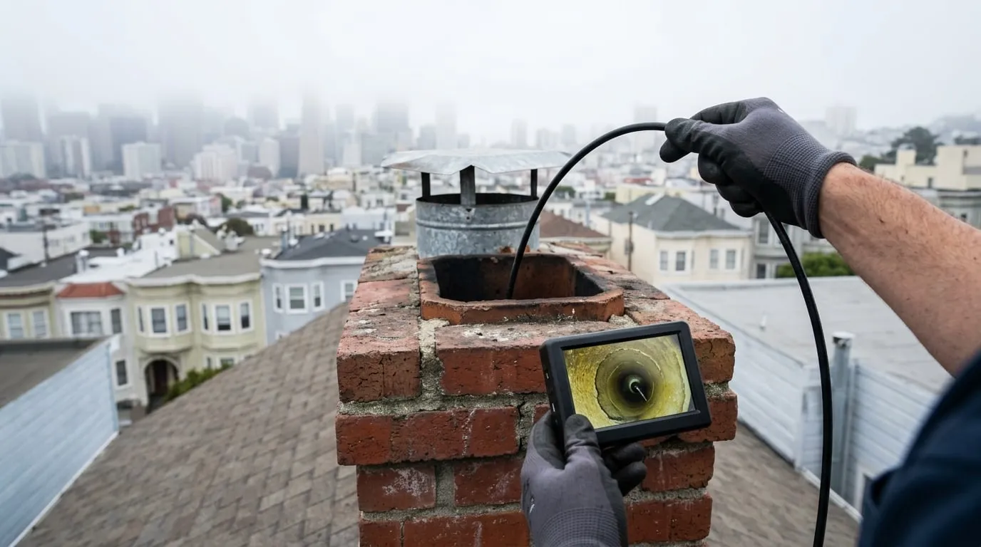 An inspection camera on a flexible rod being fed into a chimney flue in a San Francisco home, monitor screen visible