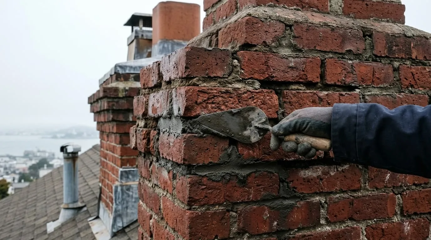 A mason repointing eroded mortar joints on a brick chimney of a San Francisco Victorian home