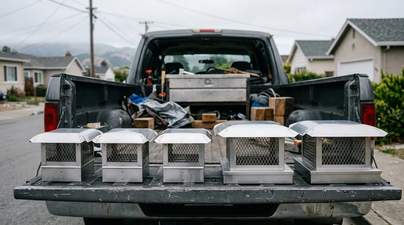Several new stainless steel chimney caps with spark-arrestor mesh screens laid out on a work surface before installation in San Francisco