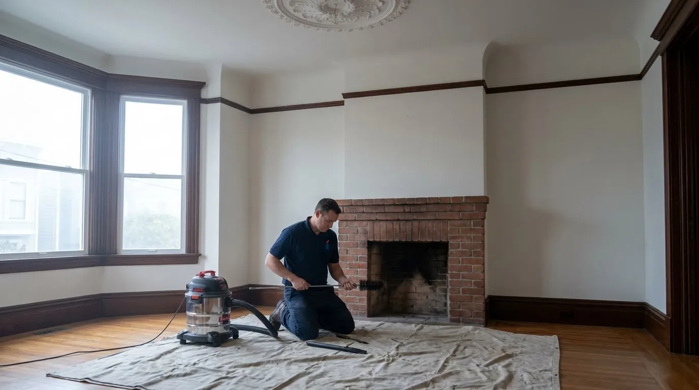 A technician in a navy polo kneeling at a brick firebox in a San Francisco Victorian rowhouse living room with drop cloths laid over the floor