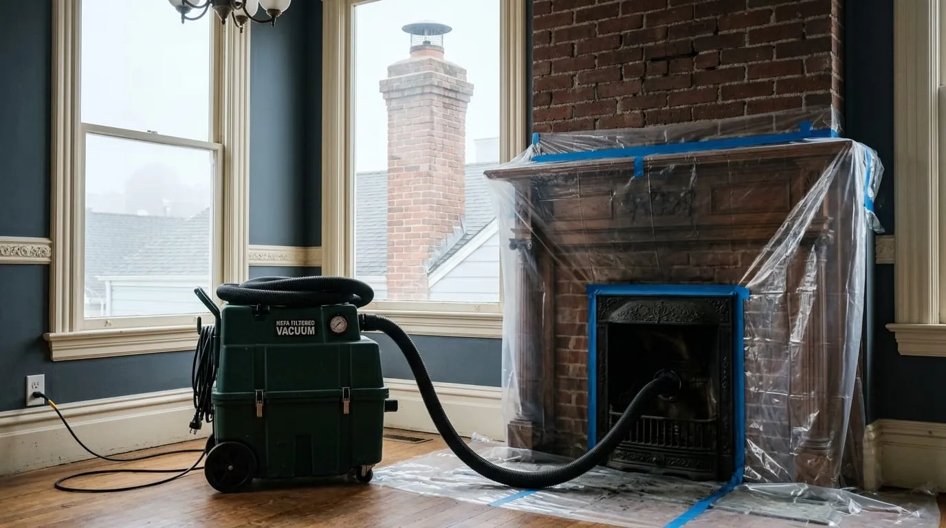 A HEPA extraction vacuum hose sealed into a firebox opening during a deep chimney cleaning in a San Francisco home