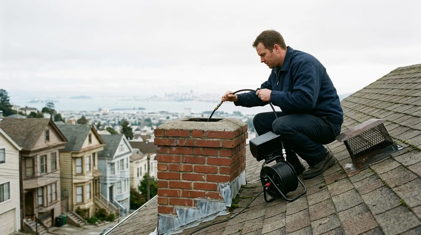A technician performing a camera inspection on a chimney flue in an older hillside home near South San Francisco’s Sign Hill neighborhood